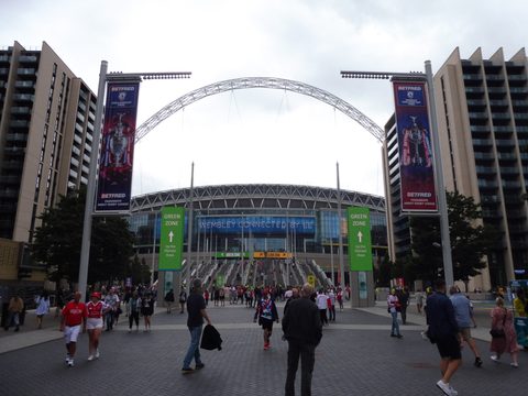 Wembley Stadium and its arch, seen from Olympic Way, Wembley Park