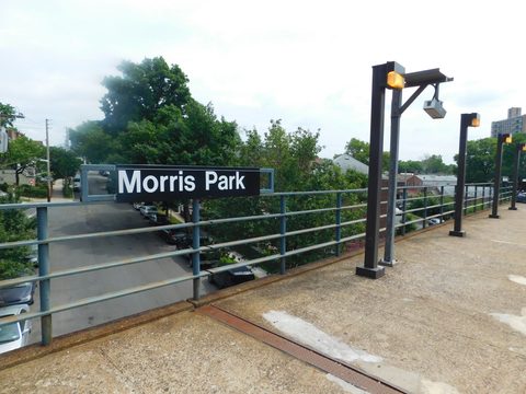 Morris Park station platform above the neighborhood